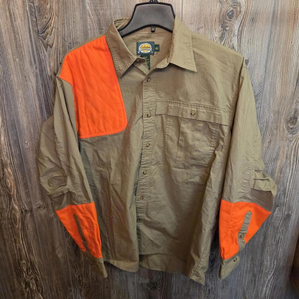 Cabela's Men's Size Large Reg Long Sleeve Padded Shooting Shirt Tan Khaki Orange